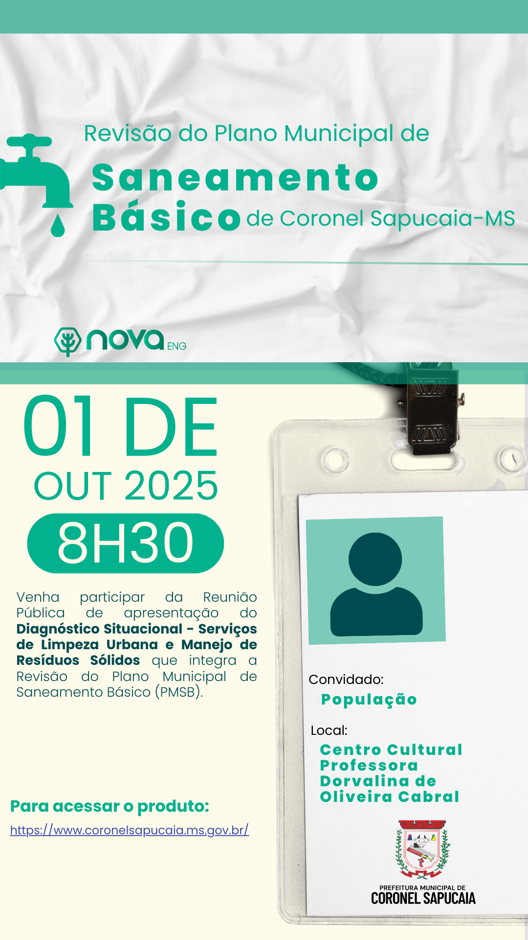 PARTICIPE! A Prefeitura de Coronel Sapucaia convida voc&ecirc; para contribuir com a Revis&atilde;o do Plano Municipal de Saneamento B&aacute;sico (PMSB)!