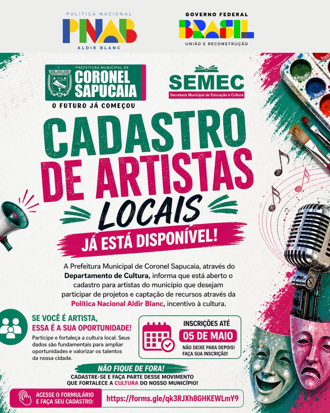 Cadastro de Artistas Locais j&aacute; est&aacute; dispon&iacute;vel e ficar&aacute; aberto at&eacute; dia 05 de Maio de 2026!