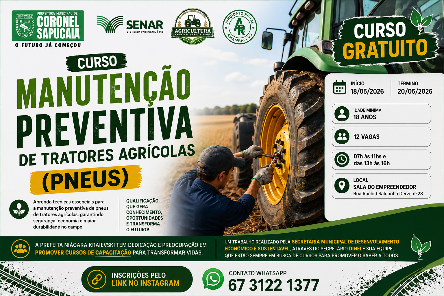 Prefeitura de Coronel Sapucaia fortalece capacita&ccedil;&atilde;o profissional com novo curso gratuito para produtores e trabalhadores rurais.