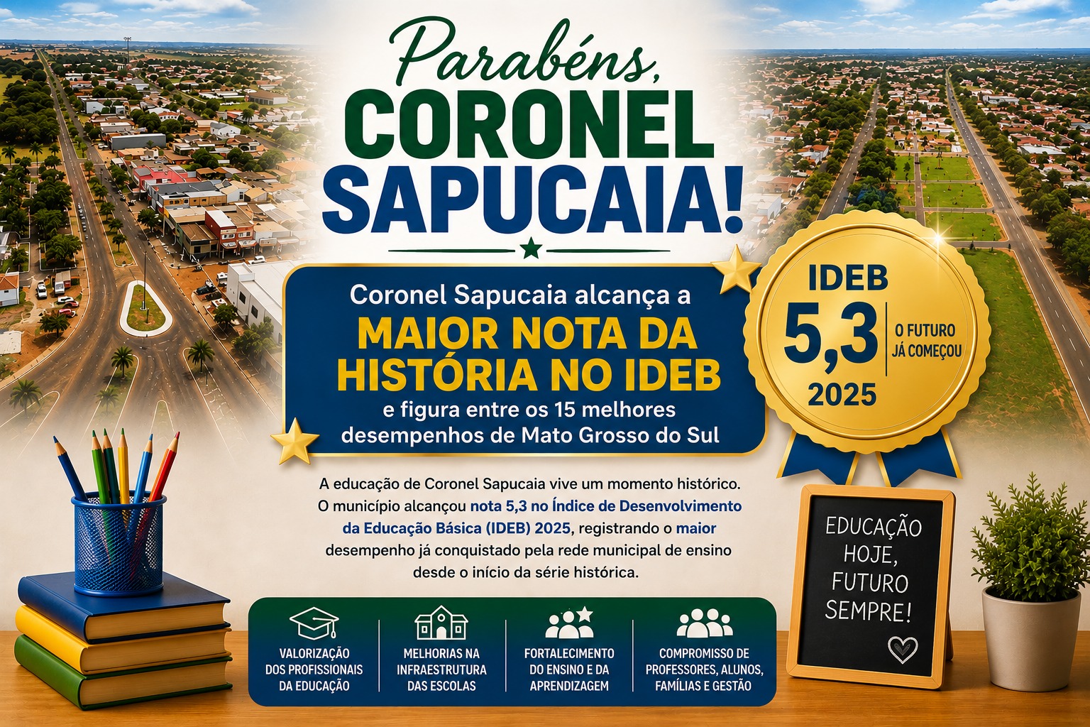 Coronel Sapucaia alcan&ccedil;a a maior nota da hist&oacute;ria no IDEB e figura entre os 15 melhores desempenhos de Mato Grosso do Sul.